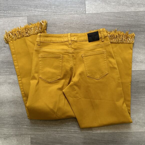 L&B Mustard Yellow Mid Rise Boyfriend Jeans - Distressed Fringe Edge - 6 - Picture 4 of 5